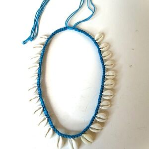 Cowrie Shell Necklace Adjustable Blue Cord Choker Handmade Beach Boho Shell
